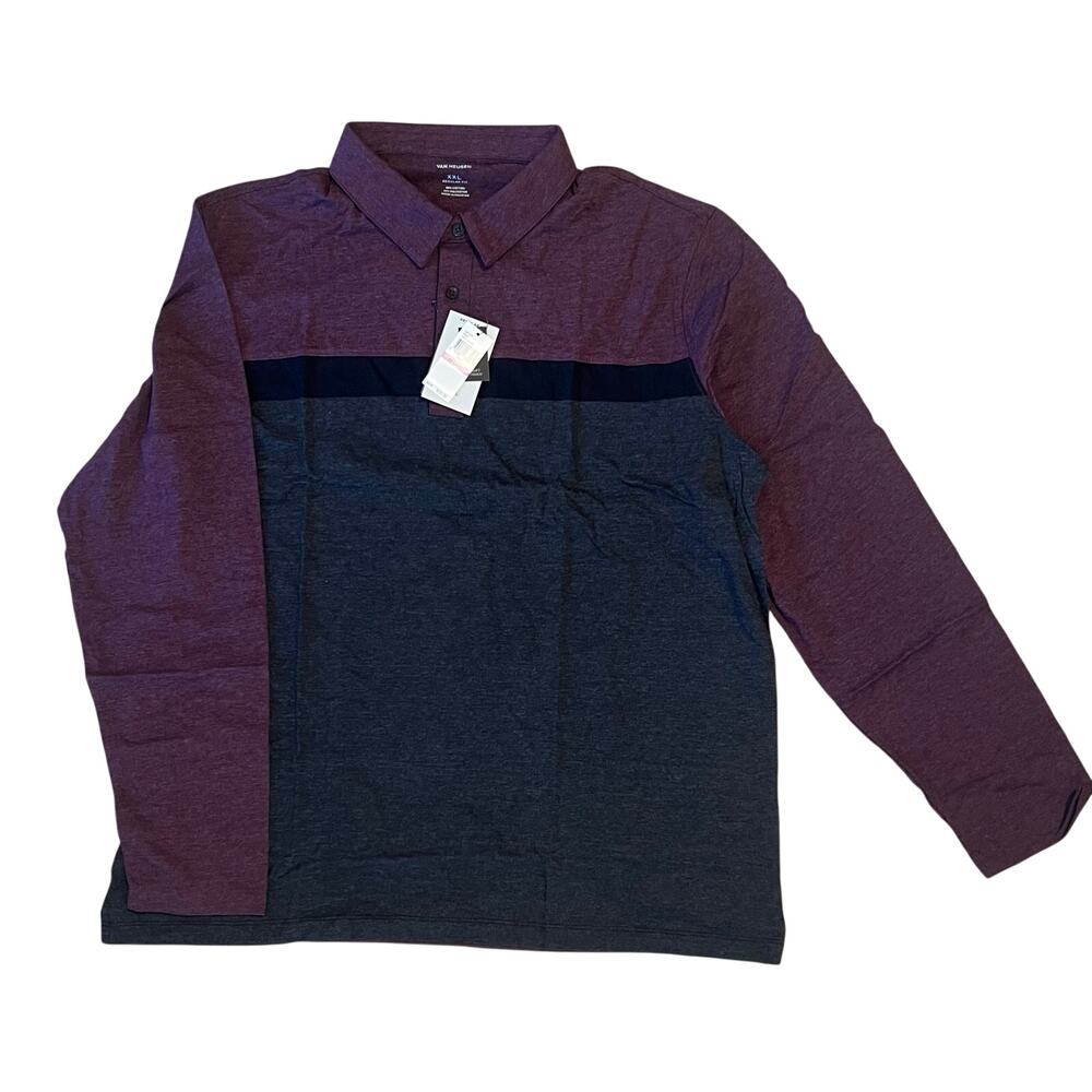 NEW Van Heusen Regular Fit Color Block Long Sleeve Polo Size 2X Maroon Gray